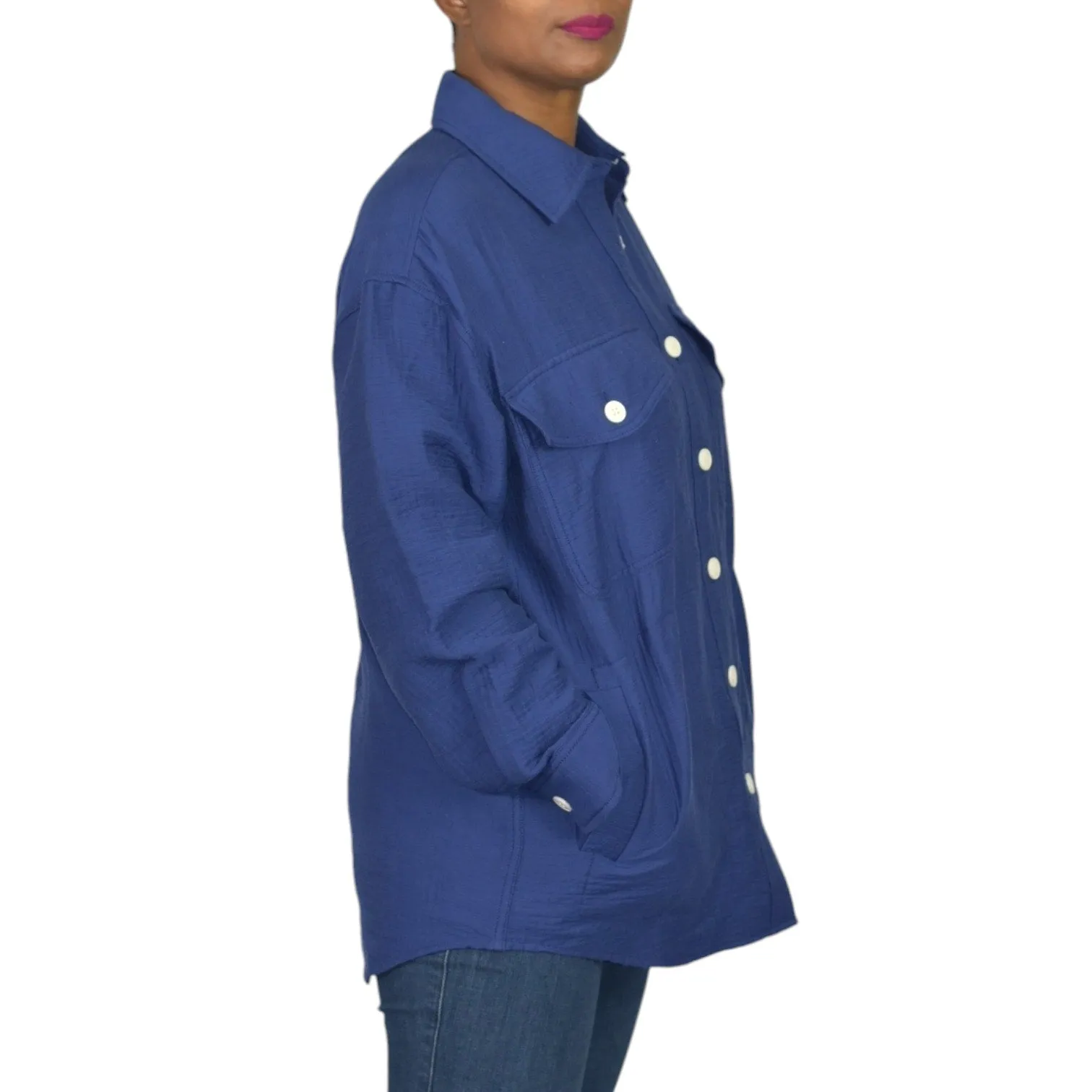 Madewell Super Oversized Shirt Jacket Blue Shacket Boxy Cuffs Pockets Textured Crinkled Size Small