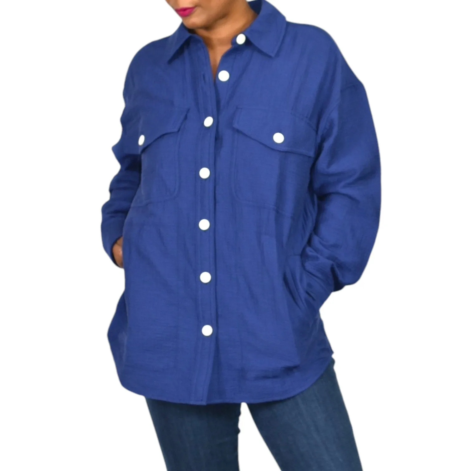 Madewell Super Oversized Shirt Jacket Blue Shacket Boxy Cuffs Pockets Textured Crinkled Size Small