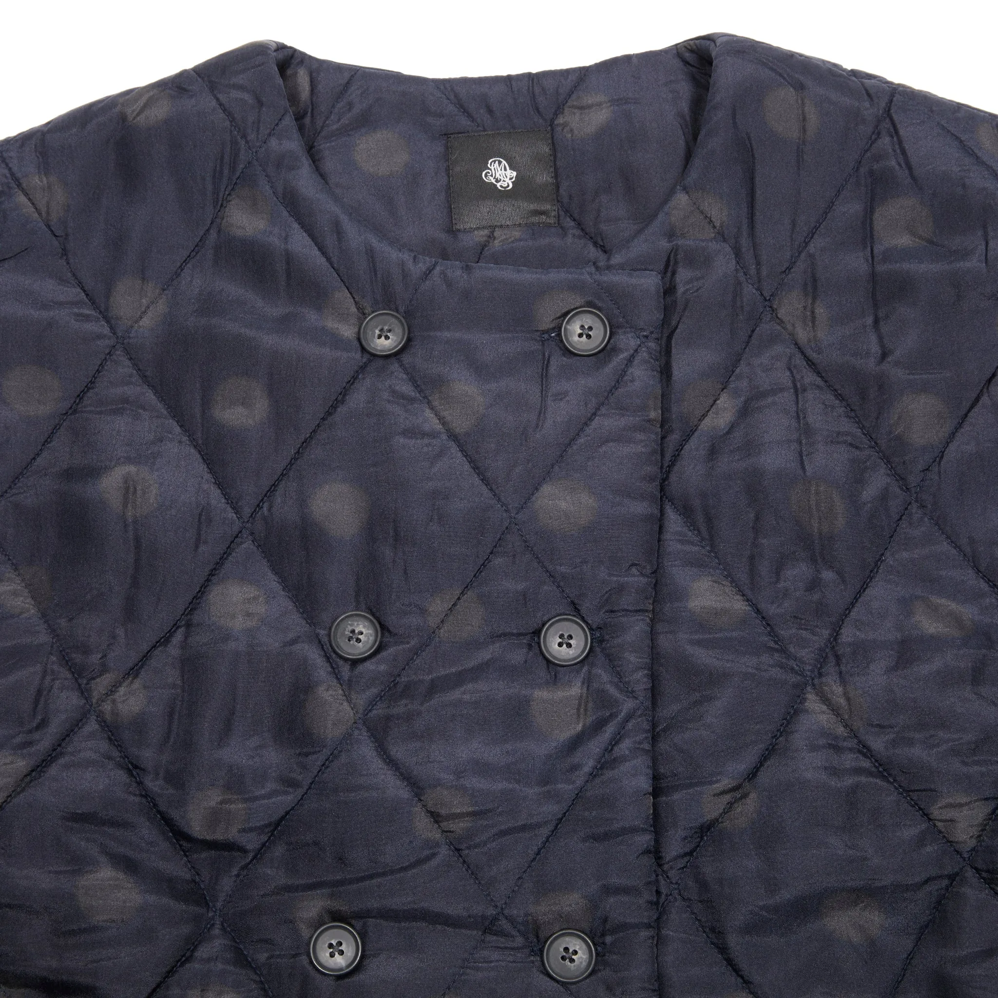 Maison De Soil Silk No Collar Double Vest in Dark Navy and Charcoal Grey Dot Print