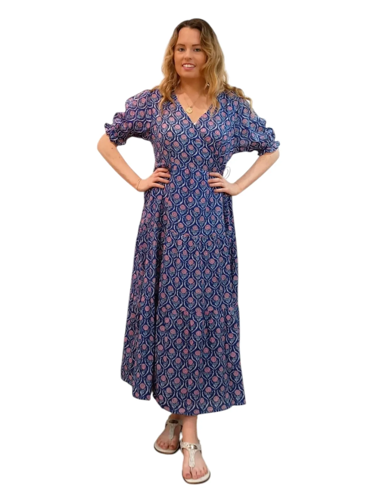 Melange - Boho Chic Paisley Wrap Maxi Dress – Blue & Pink Print