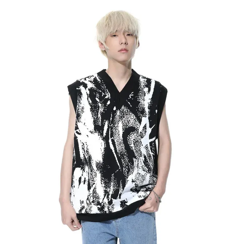 Men Vest New Fashion Korean Tie Dyed V-neck Sleeveless Vests Trendy Casual Male Top Pullover Clothing Summer 9C5144