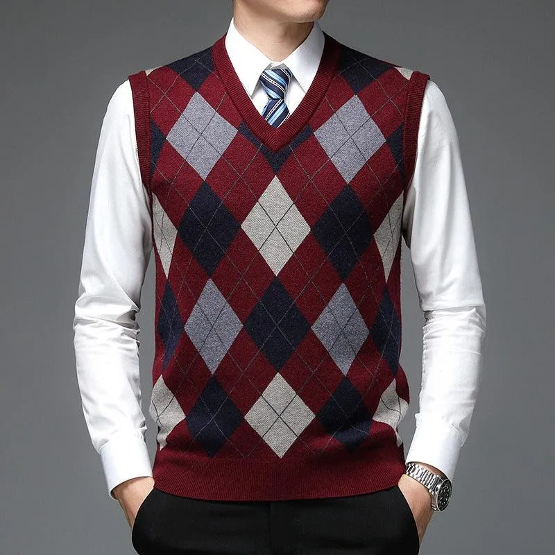 Men's Autumn And Winter V-neck Sleeveless Knit With Wool Vest