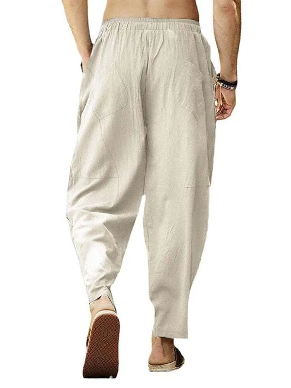 Men's casual loose cotton and linen drawstring hip-hop lantern pencil pants