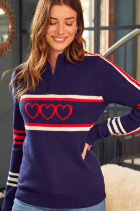 Merino Wool Stripe Hearts Quarter Zip | Navy/Cream/Red