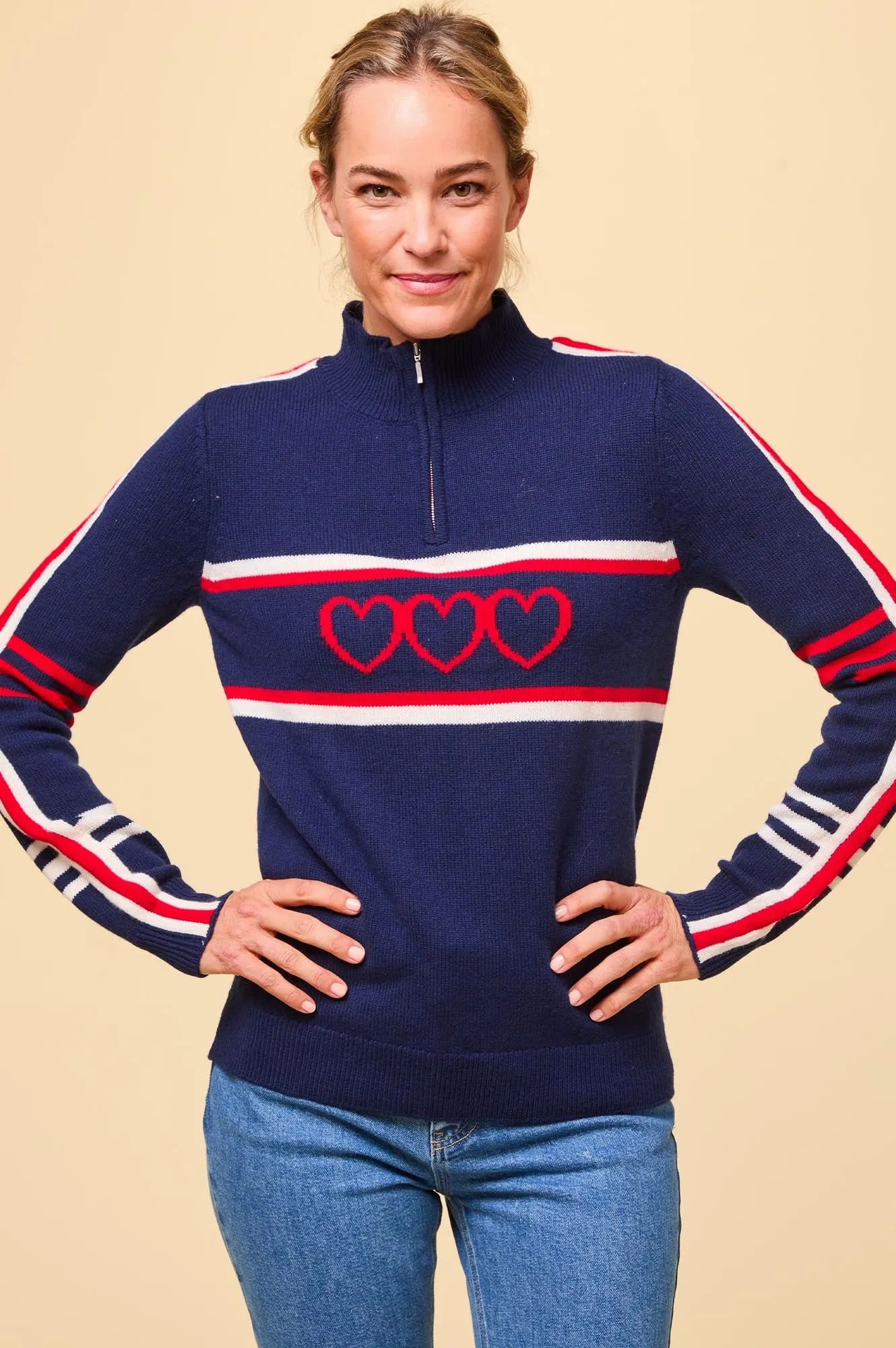 Merino Wool Stripe Hearts Quarter Zip | Navy/Cream/Red