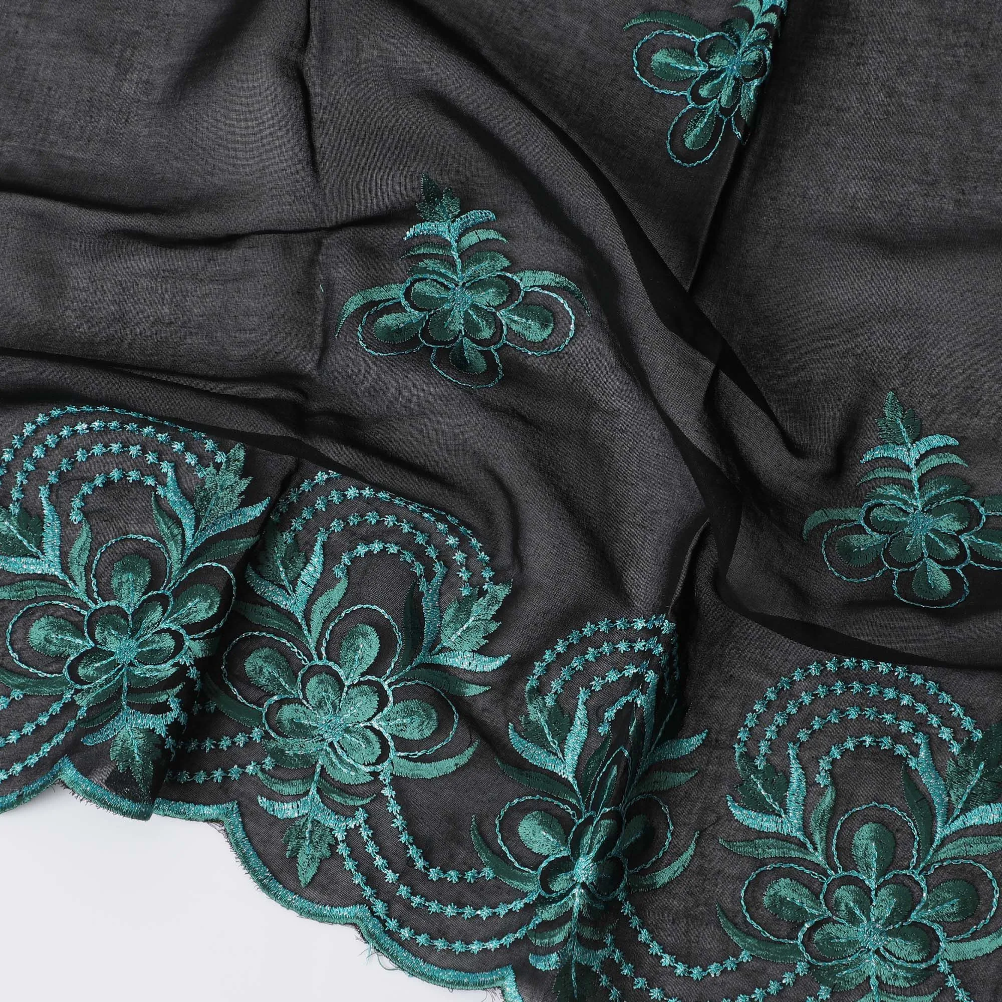 Midnight Black Cotton Voile with Teal Embroidery for Sudanese Thobe - 140cm x 4.5 Mtrs piece-D18592