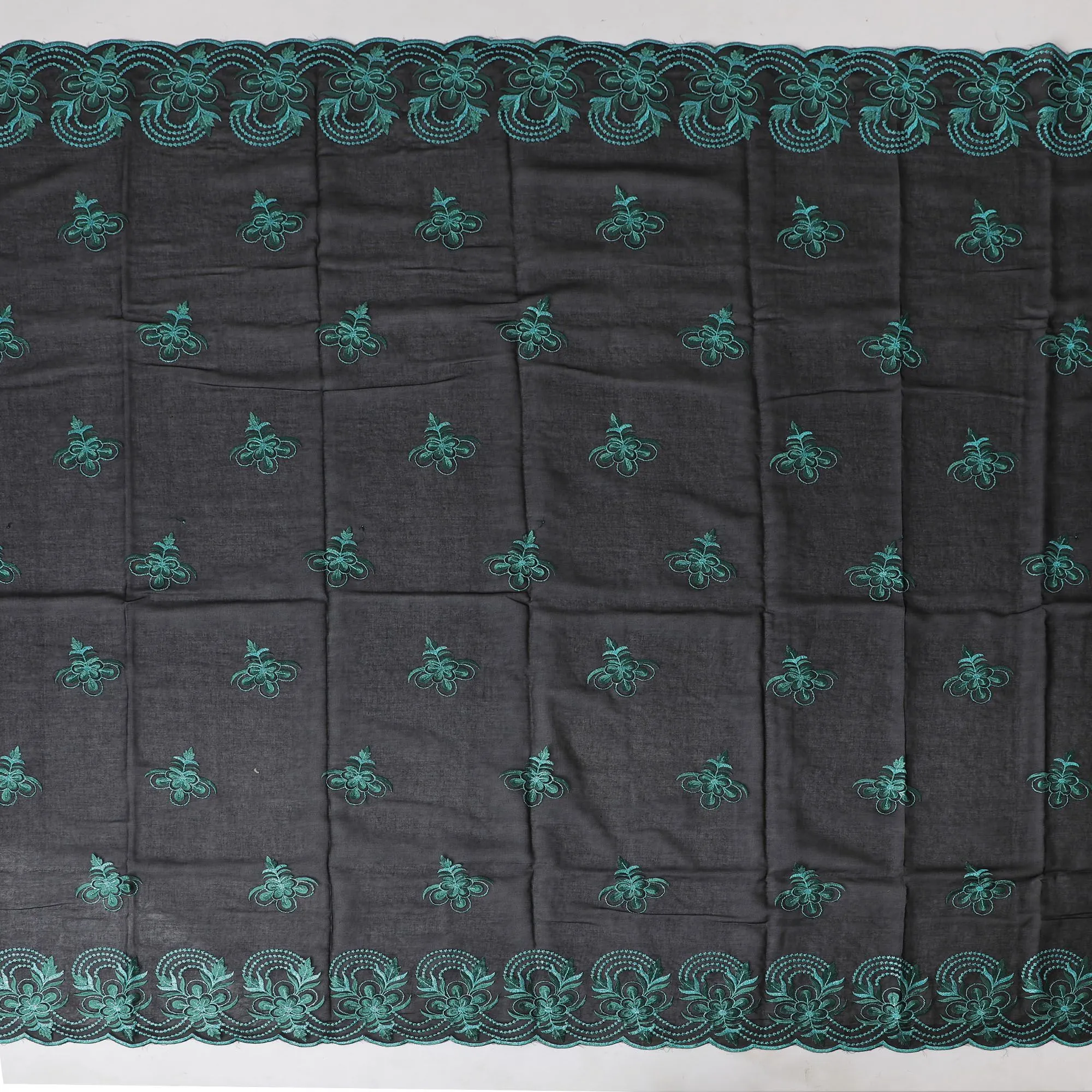 Midnight Black Cotton Voile with Teal Embroidery for Sudanese Thobe - 140cm x 4.5 Mtrs piece-D18592