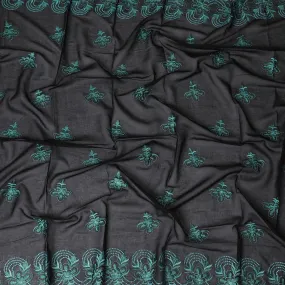 Midnight Black Cotton Voile with Teal Embroidery for Sudanese Thobe - 140cm x 4.5 Mtrs piece-D18592