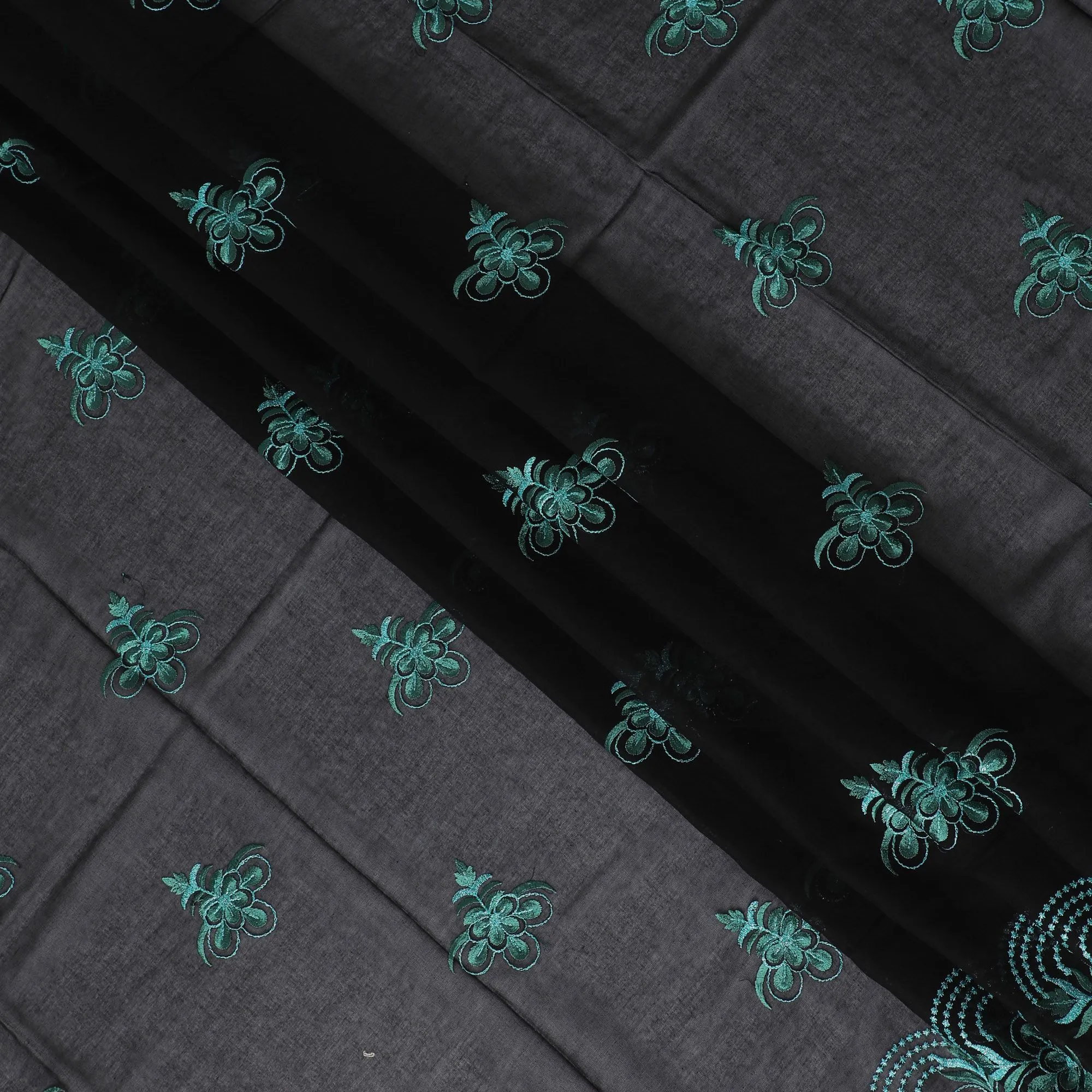 Midnight Black Cotton Voile with Teal Embroidery for Sudanese Thobe - 140cm x 4.5 Mtrs piece-D18592