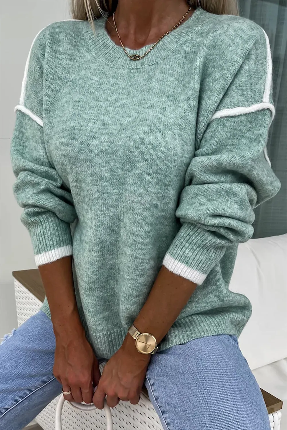 Moonlight Jade Contrast Edge Crewneck Knit Sweater