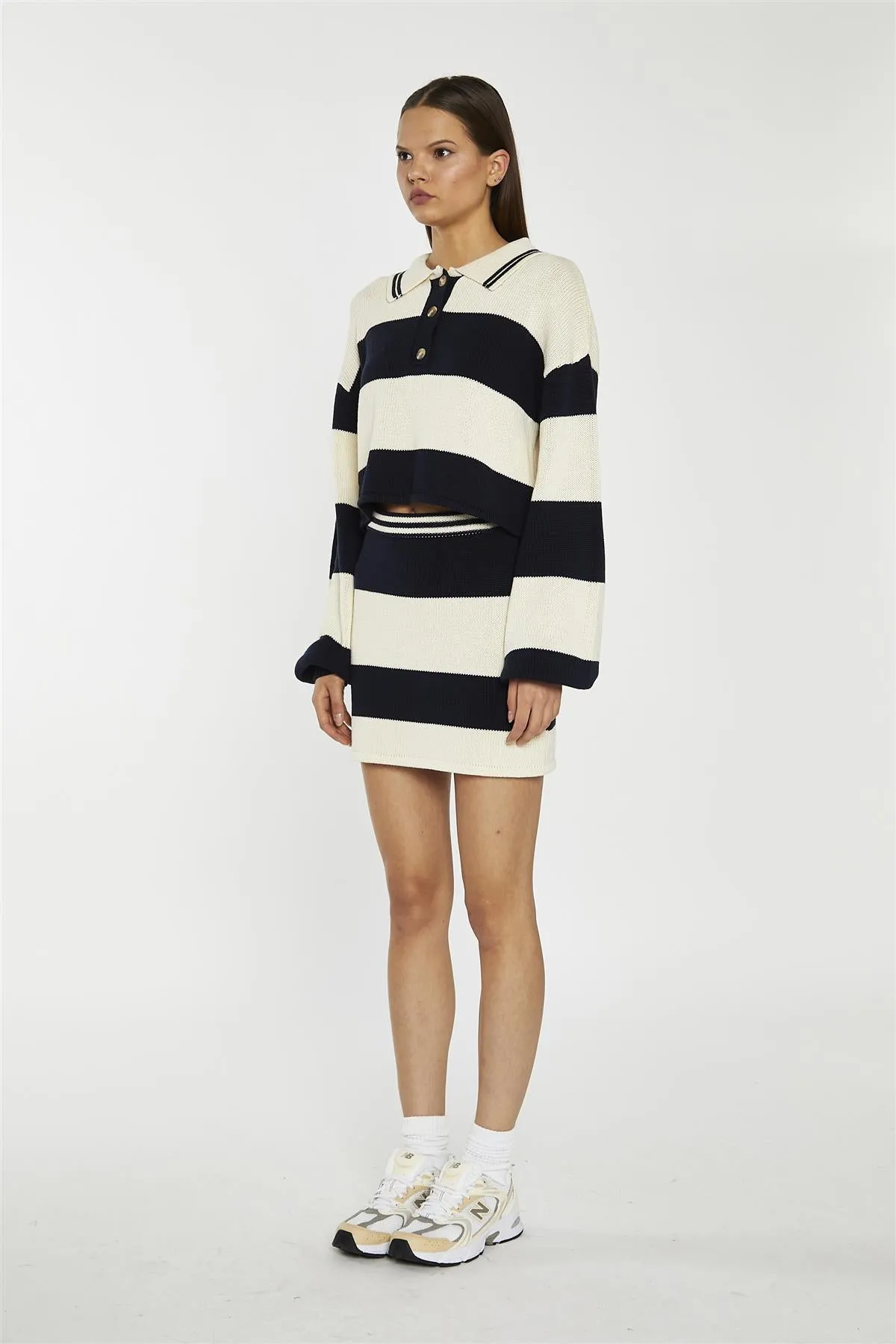 Navy-Cream Stripe Bodycon Knitted Mini-Skirt