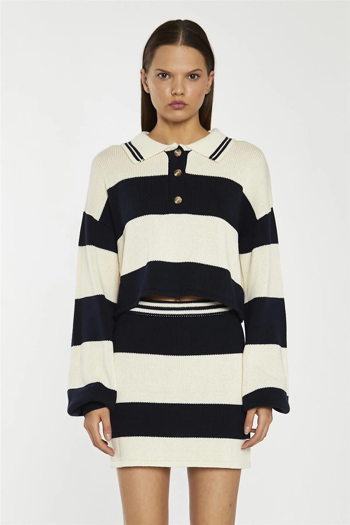 Navy-Cream Stripe Bodycon Knitted Mini-Skirt