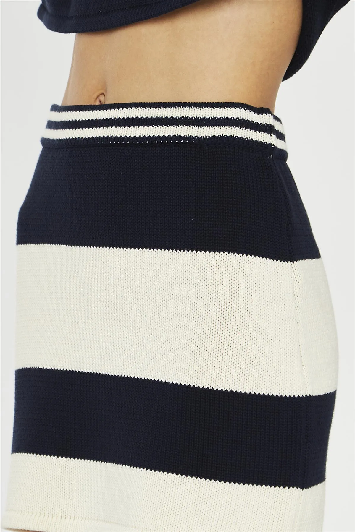 Navy-Cream Stripe Bodycon Knitted Mini-Skirt