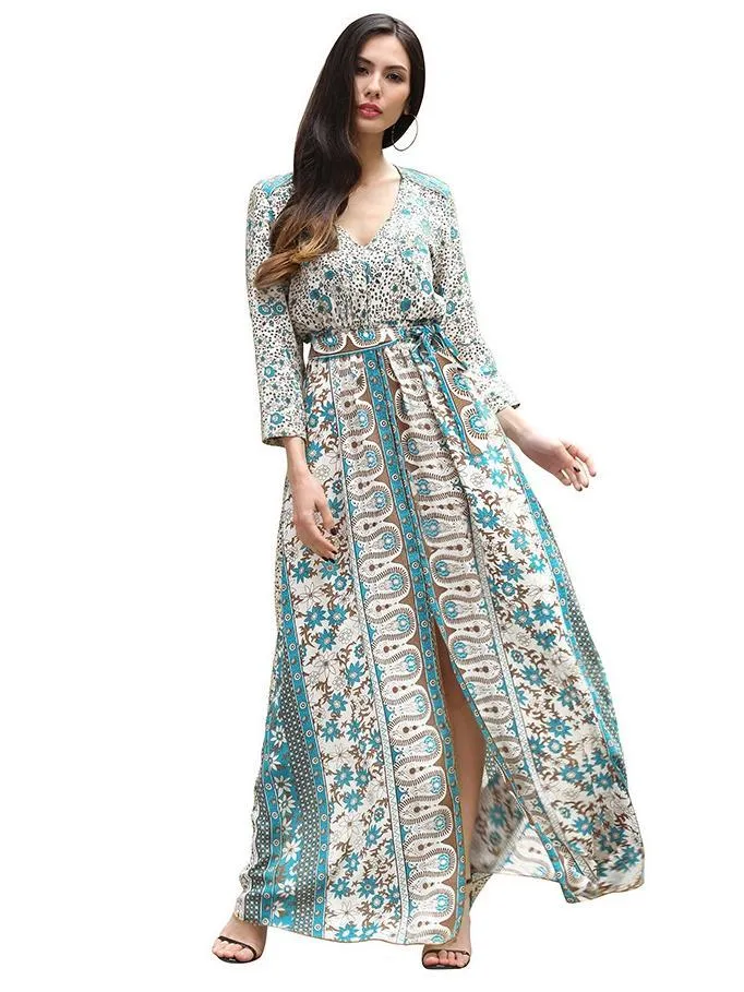 New V-Neck Print Three-Quarter Sleeve Large Swing Split Maxi Dress