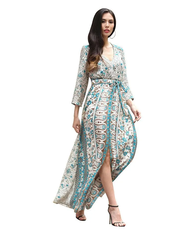 New V-Neck Print Three-Quarter Sleeve Large Swing Split Maxi Dress