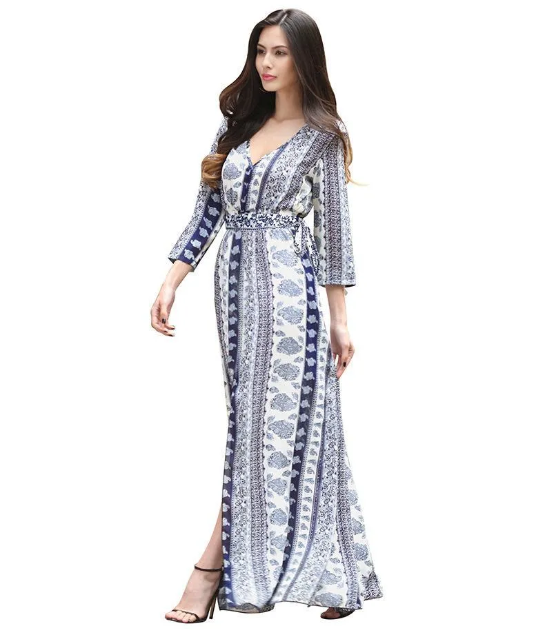 New V-Neck Print Three-Quarter Sleeve Large Swing Split Maxi Dress