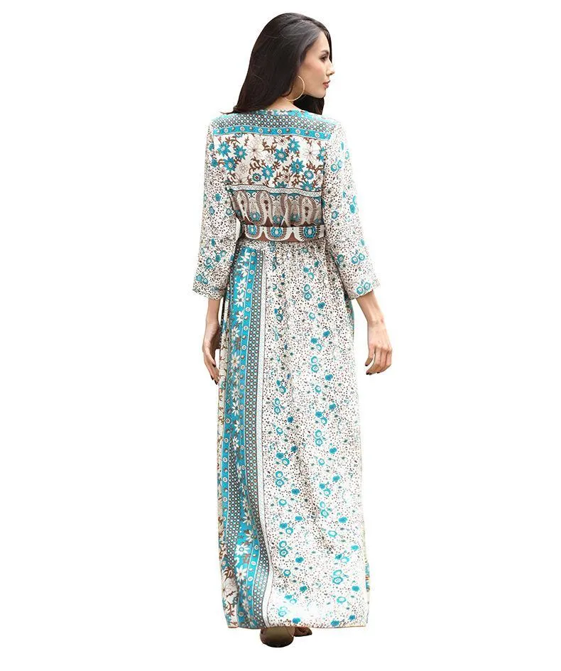 New V-Neck Print Three-Quarter Sleeve Large Swing Split Maxi Dress