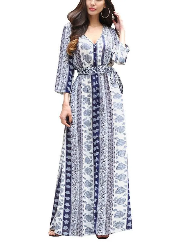 New V-Neck Print Three-Quarter Sleeve Large Swing Split Maxi Dress