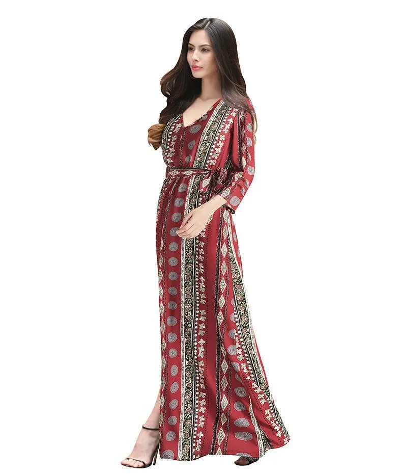 New V-Neck Print Three-Quarter Sleeve Large Swing Split Maxi Dress