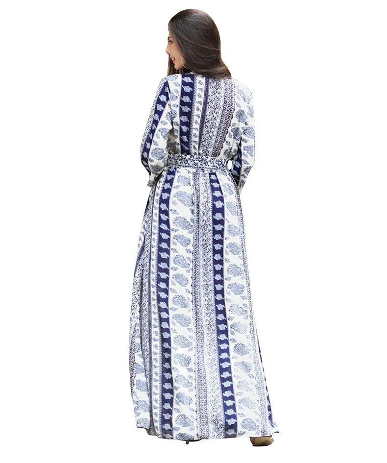 New V-Neck Print Three-Quarter Sleeve Large Swing Split Maxi Dress