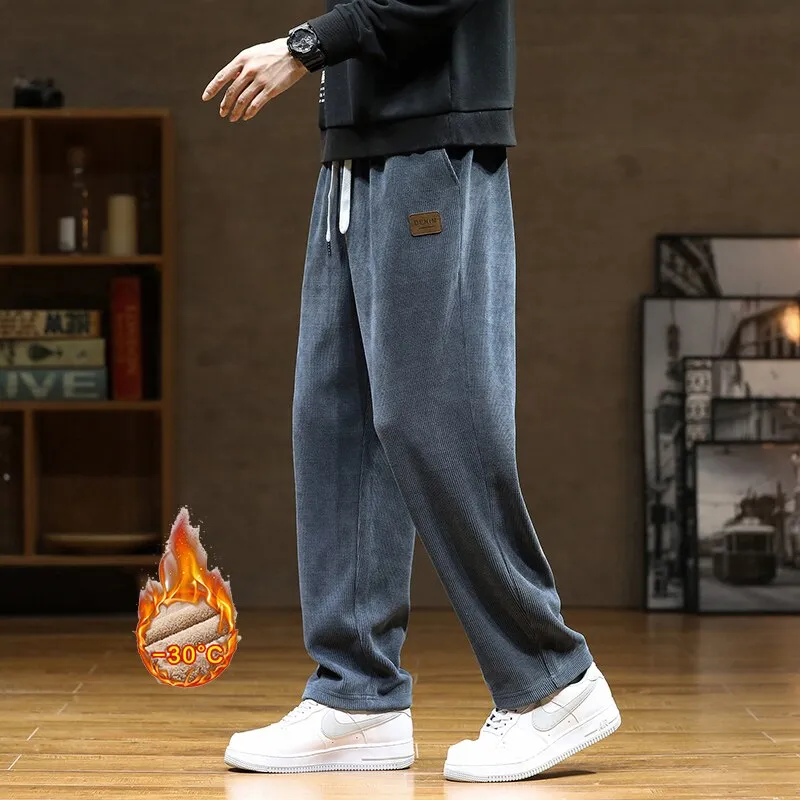 New Winter Men Plush Warm Casual Pants Sweatpants Quality Couple Wide Leg Joggers Straight Solid Color Large Long Baggy Pants