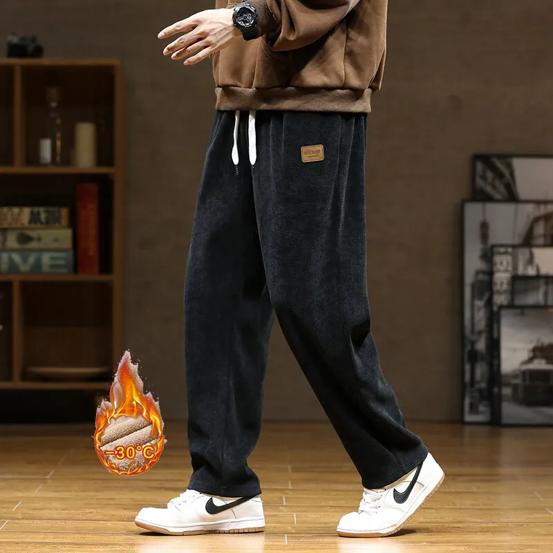 New Winter Men Plush Warm Casual Pants Sweatpants Quality Couple Wide Leg Joggers Straight Solid Color Large Long Baggy Pants