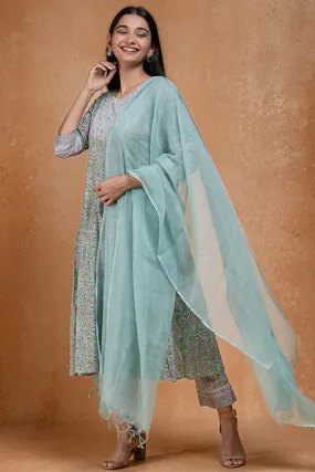 Okhai "Ocean Mist" Hand Embroidered and Mirrorwork Handblock Printed Pure Cotton Kurta Pant Set