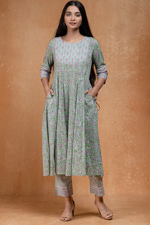 Okhai "Ocean Mist" Hand Embroidered and Mirrorwork Handblock Printed Pure Cotton Kurta Pant Set