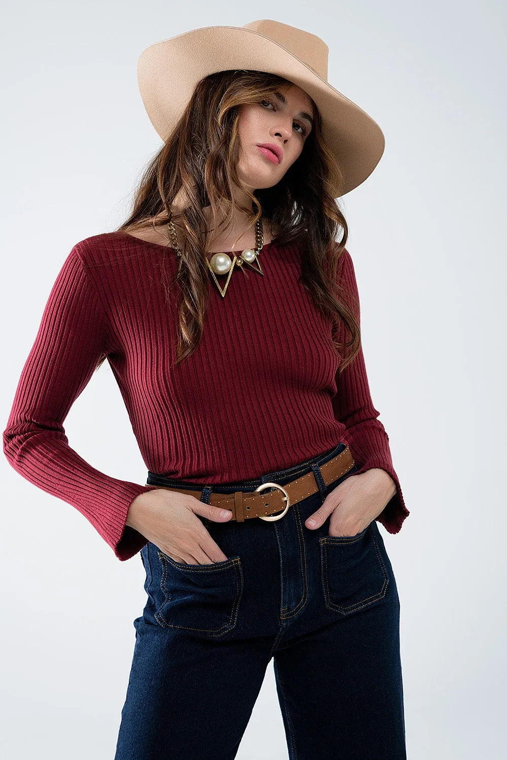 Open Back Ribbed Burgundy Sweater