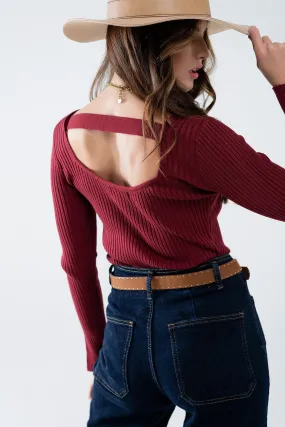 Open Back Ribbed Burgundy Sweater