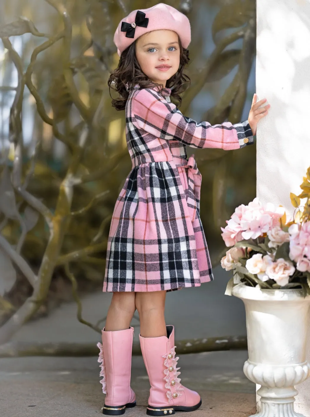 Pink Plaid Long Sleeve Shirt Dress