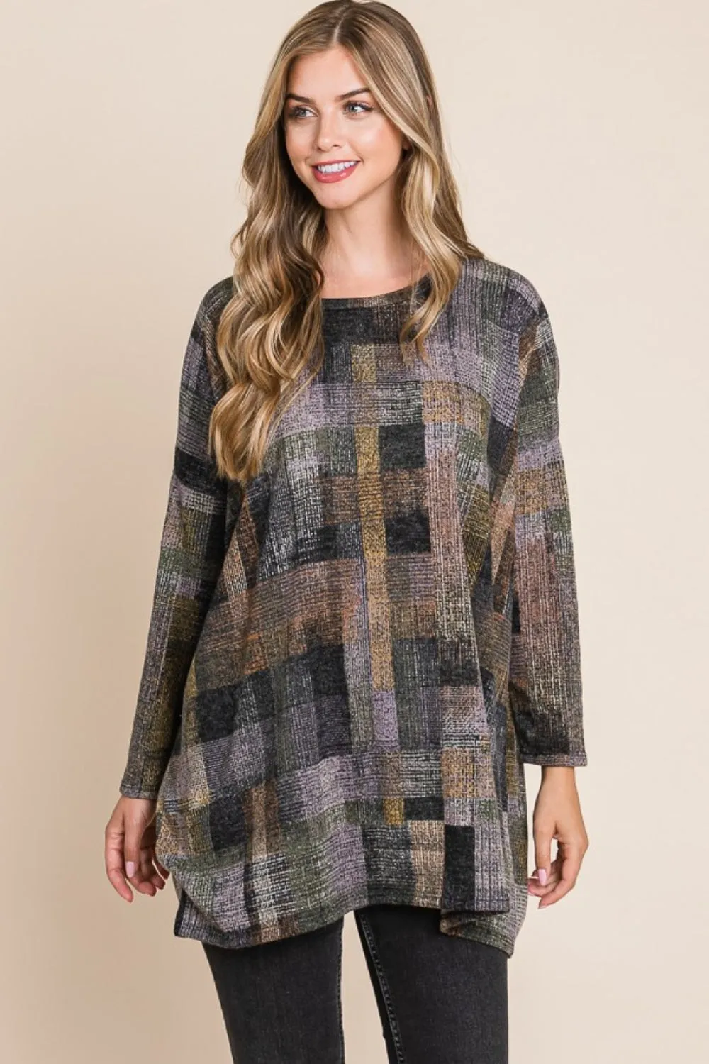 Plaid Round Neck Long Sleeve Tunic