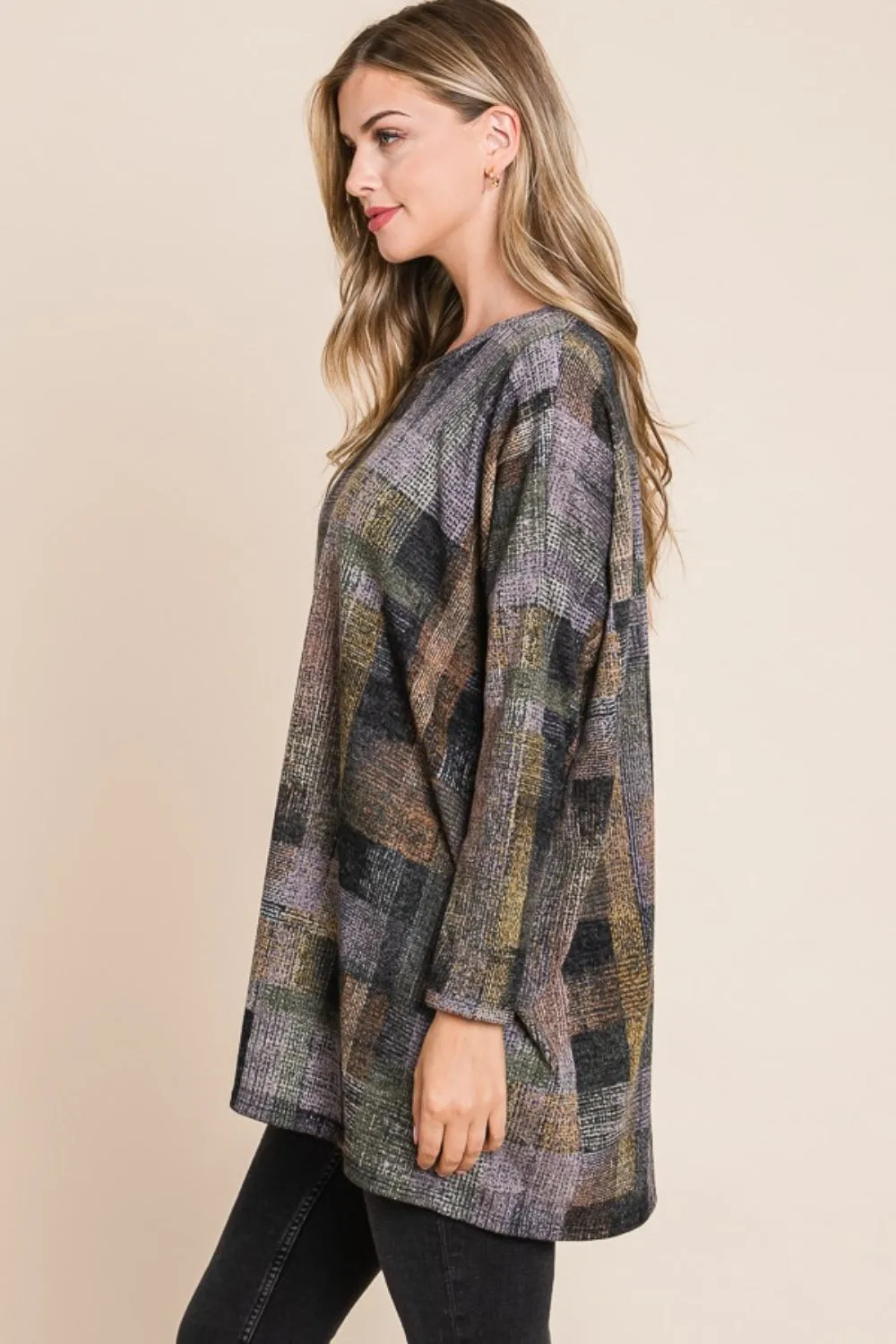 Plaid Round Neck Long Sleeve Tunic