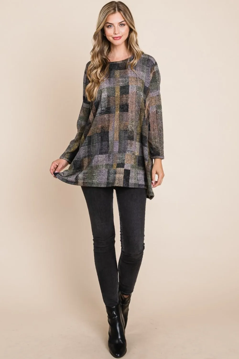 Plaid Round Neck Long Sleeve Tunic