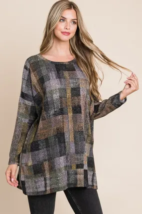 Plaid Round Neck Long Sleeve Tunic