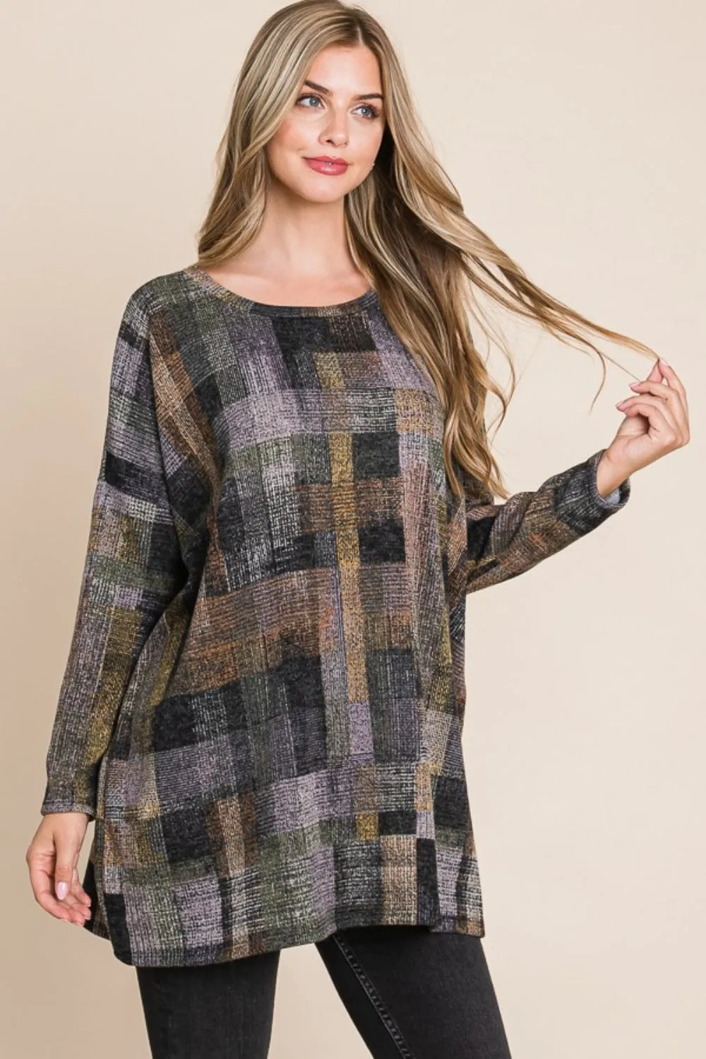 Plaid Round Neck Long Sleeve Tunic