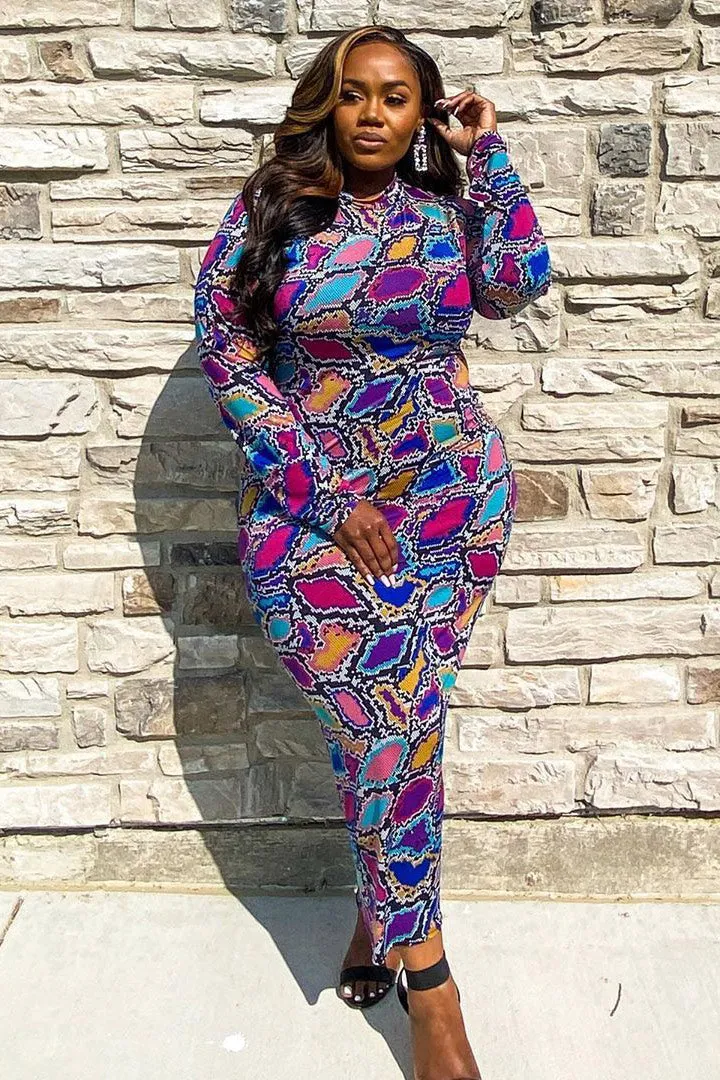 Plus Size Long Sleeve Bodycon Midi Print Dress