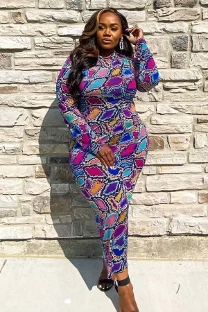 Plus Size Long Sleeve Bodycon Midi Print Dress