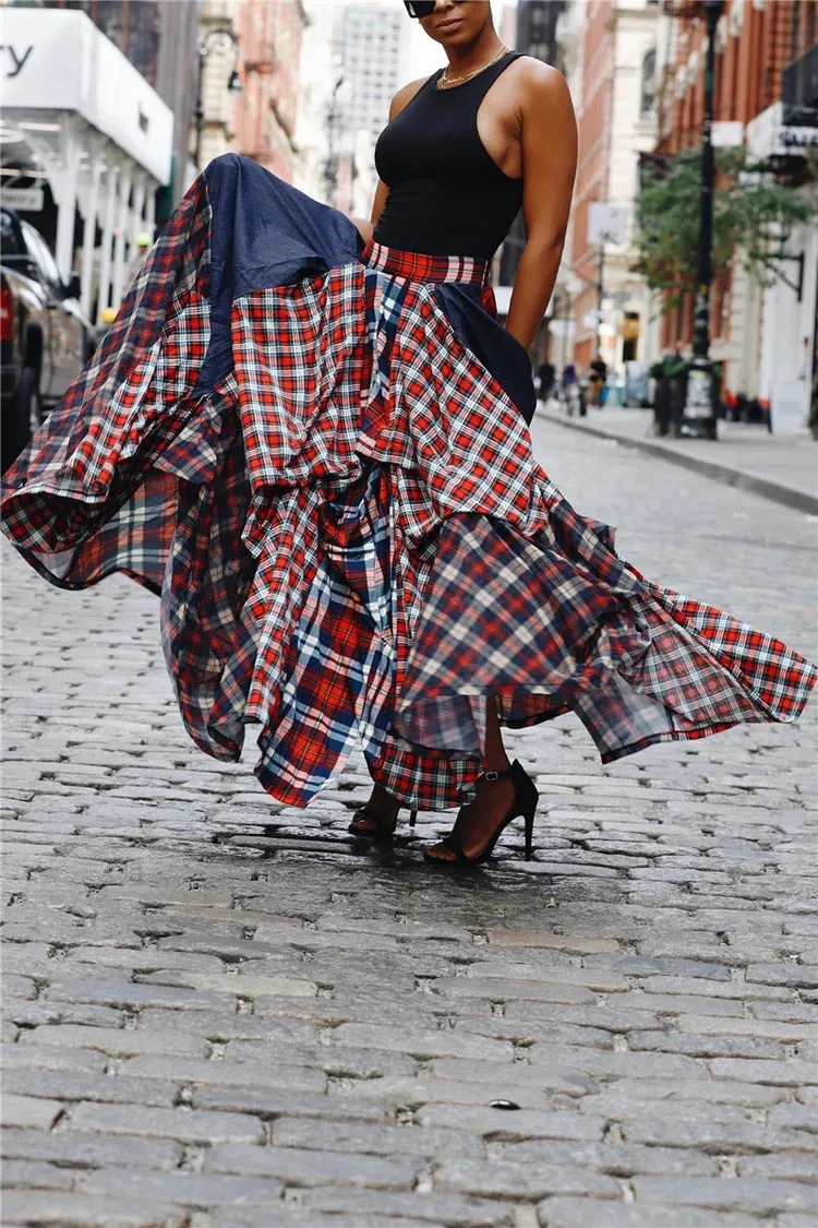 Plus Size Red Daily Flannel Plaid Patchwork With Pockets Maxi Skirt