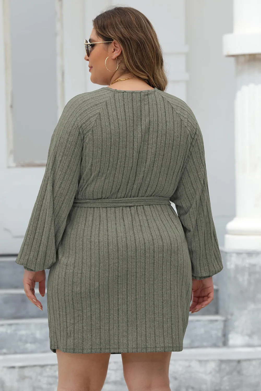 Plus Size Ribbed Tie Front Long Sleeve Sweater Dress