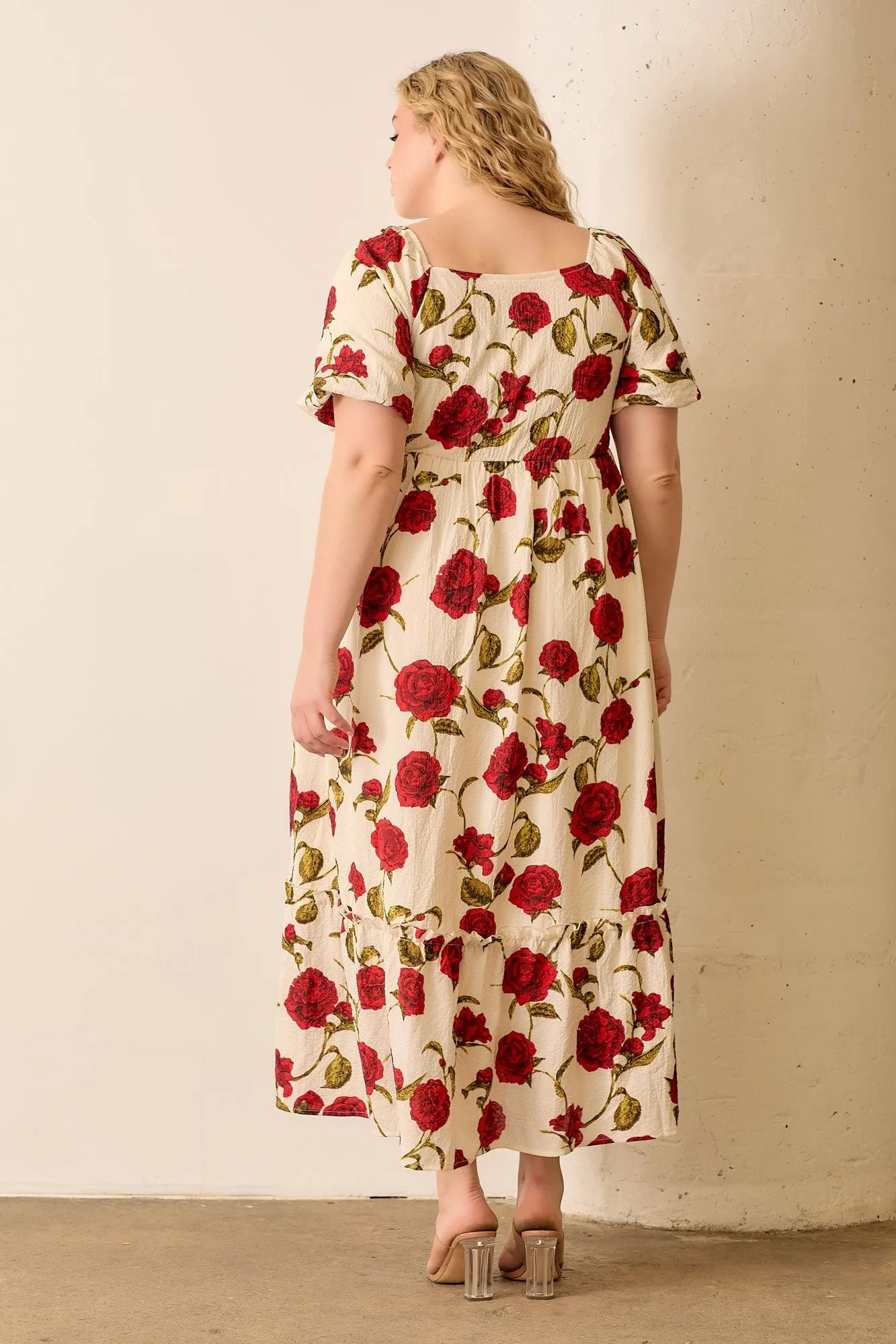 Polagram Big Rose Print Woven Maxi Dress in Cream/Red