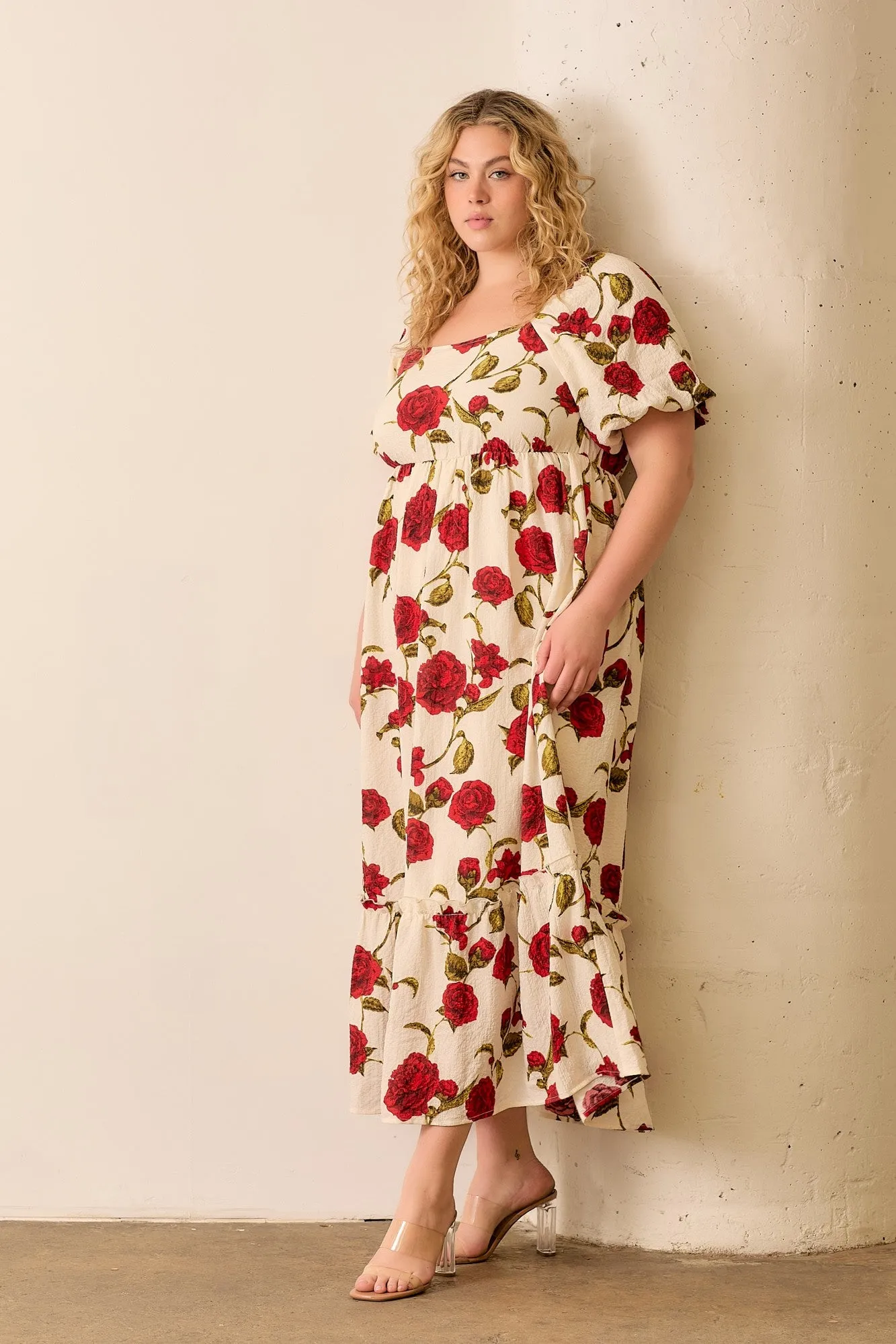 Polagram Big Rose Print Woven Maxi Dress in Cream/Red