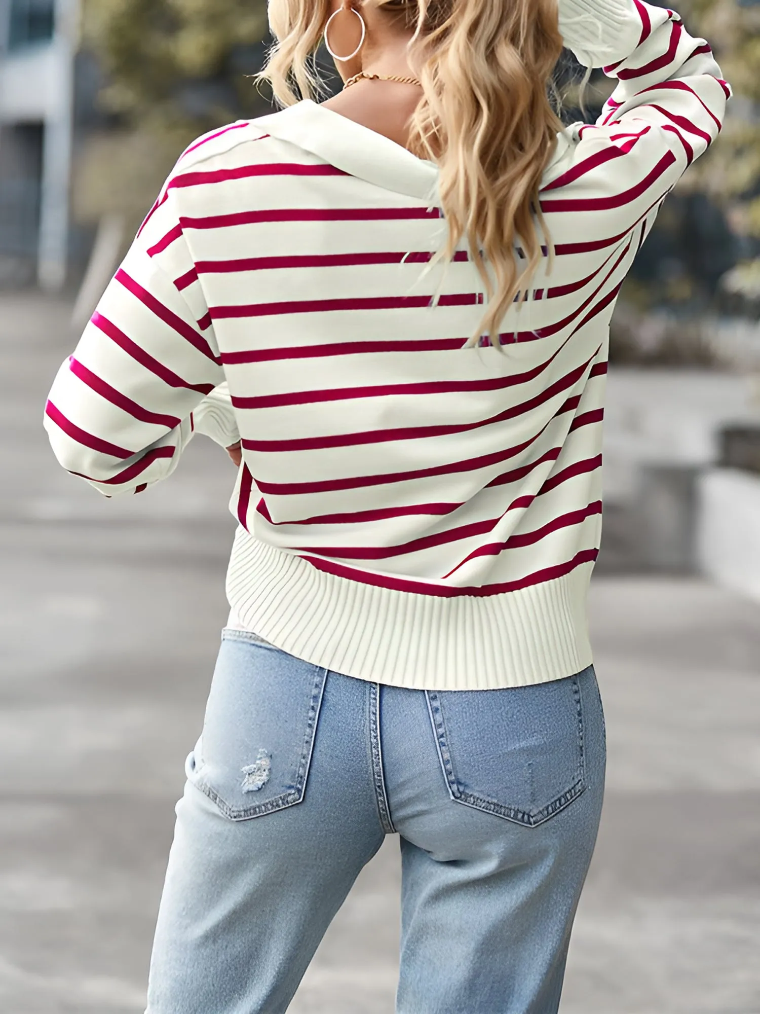 Polo Collar Long Sleeves Striped Knit Casual Sweater