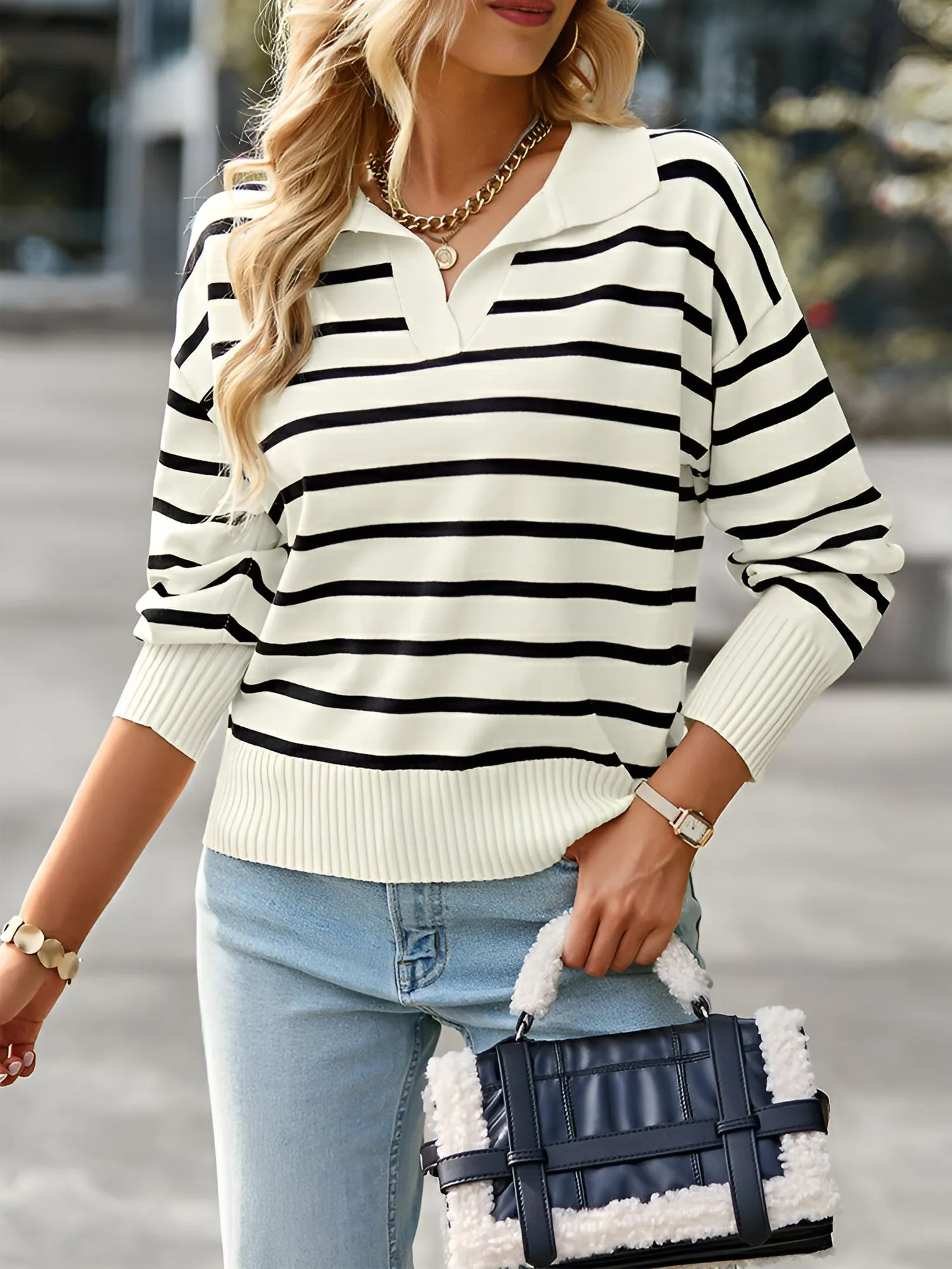 Polo Collar Long Sleeves Striped Knit Casual Sweater