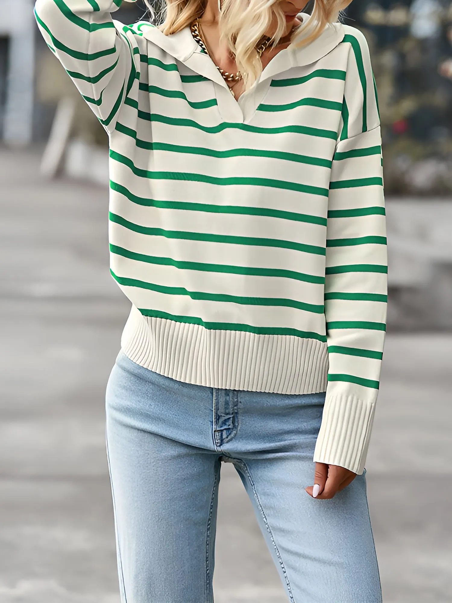 Polo Collar Long Sleeves Striped Knit Casual Sweater