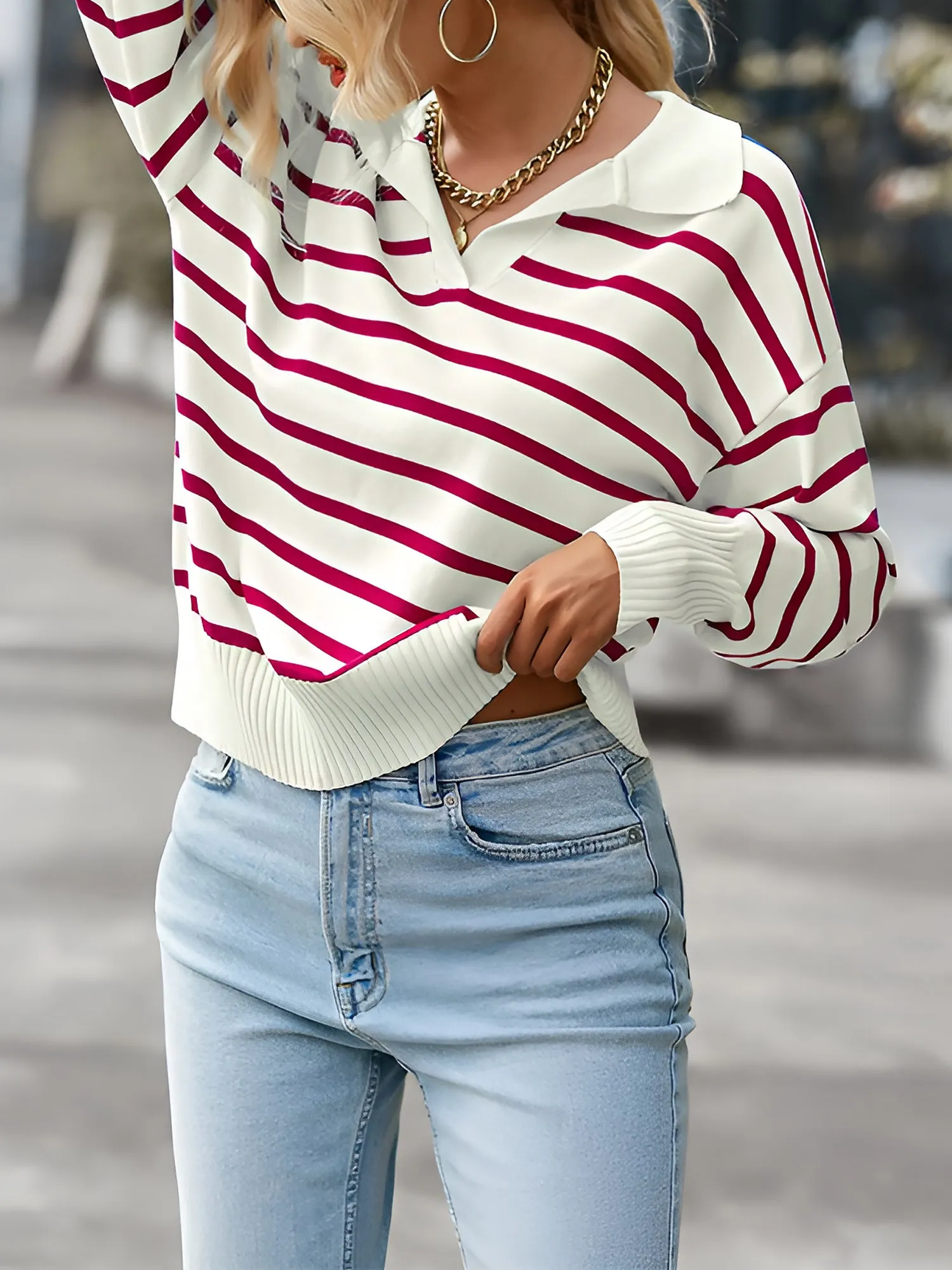 Polo Collar Long Sleeves Striped Knit Casual Sweater