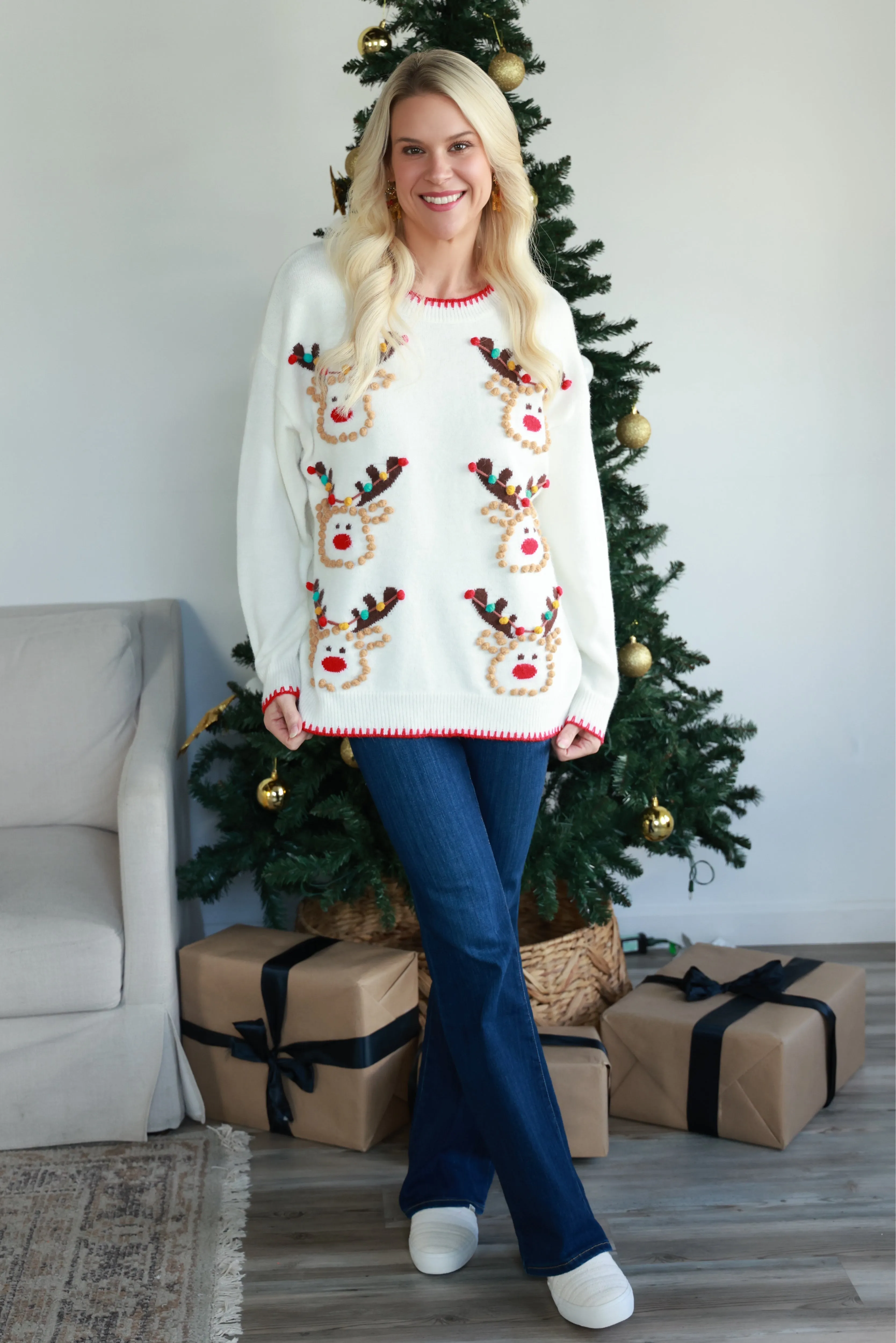 Pom Pom Reindeer Oversized Sweater