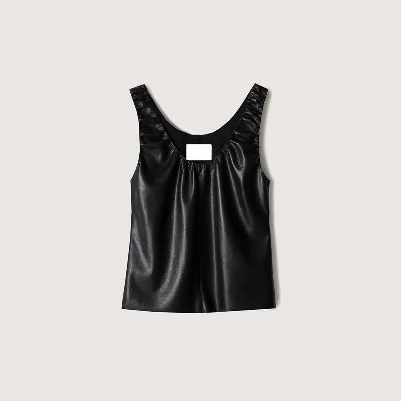 Pre Order: Faux Leather Pleated Sleeveless Top