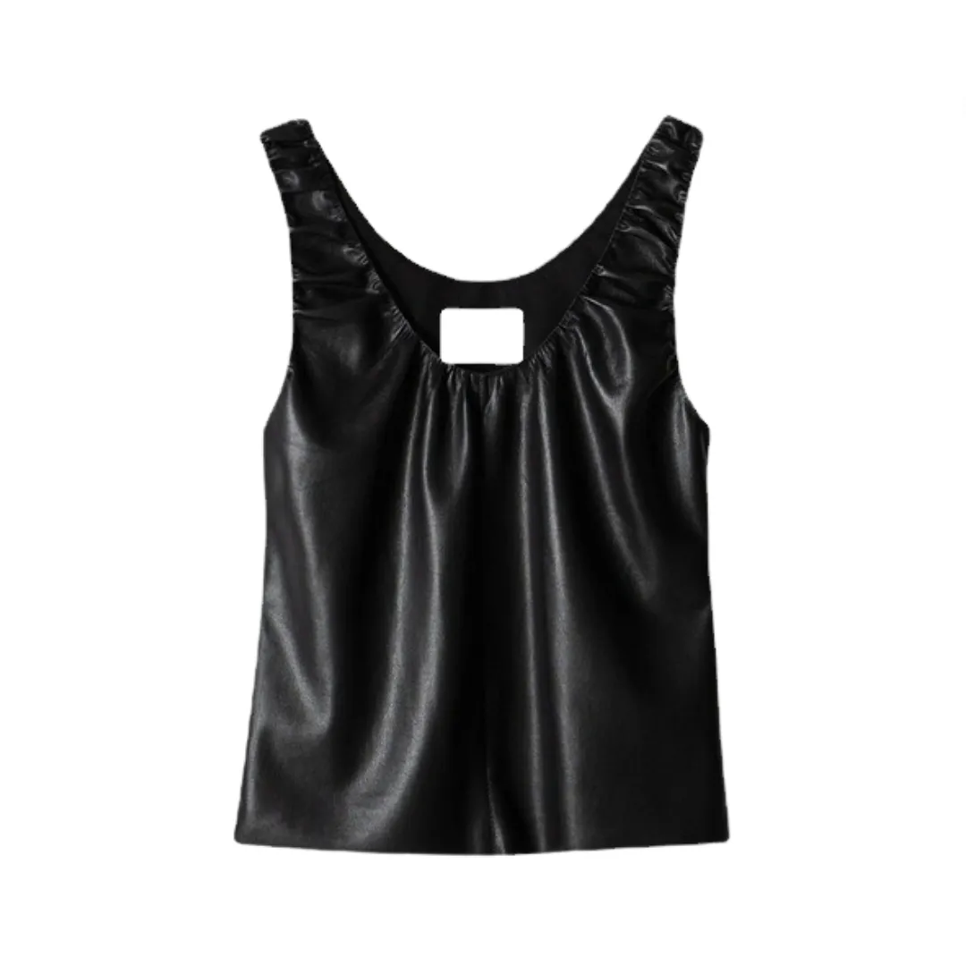 Pre Order: Faux Leather Pleated Sleeveless Top