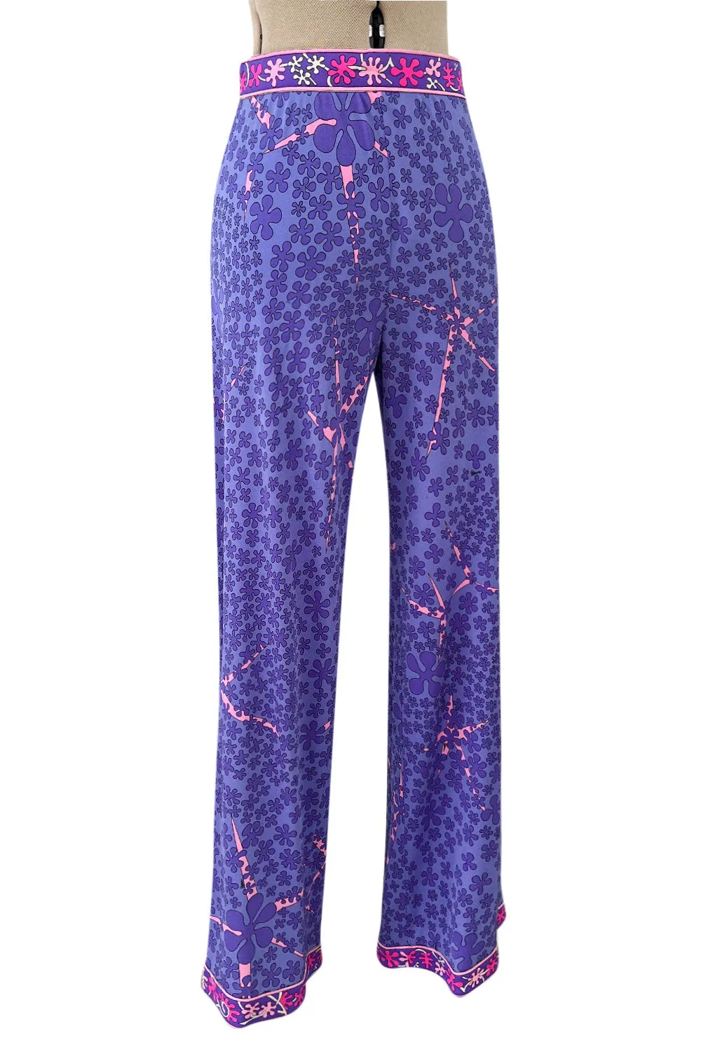 Prettiest 1970s Bessi Light Purple & Pink Printed Silk Jersey Flared Pants